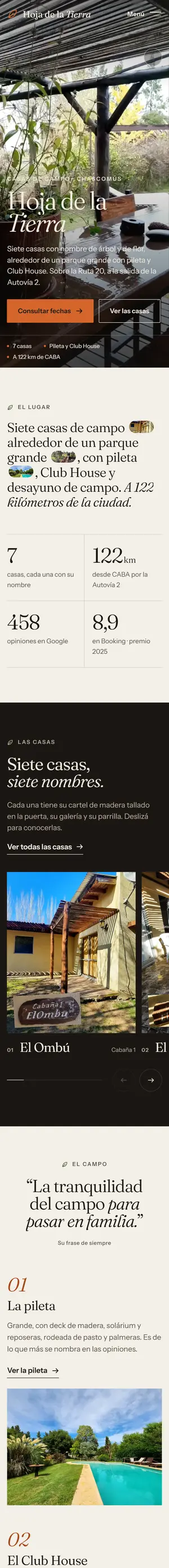 La página de Inicio en un celular: la portada, el lugar, las casas y el campo.